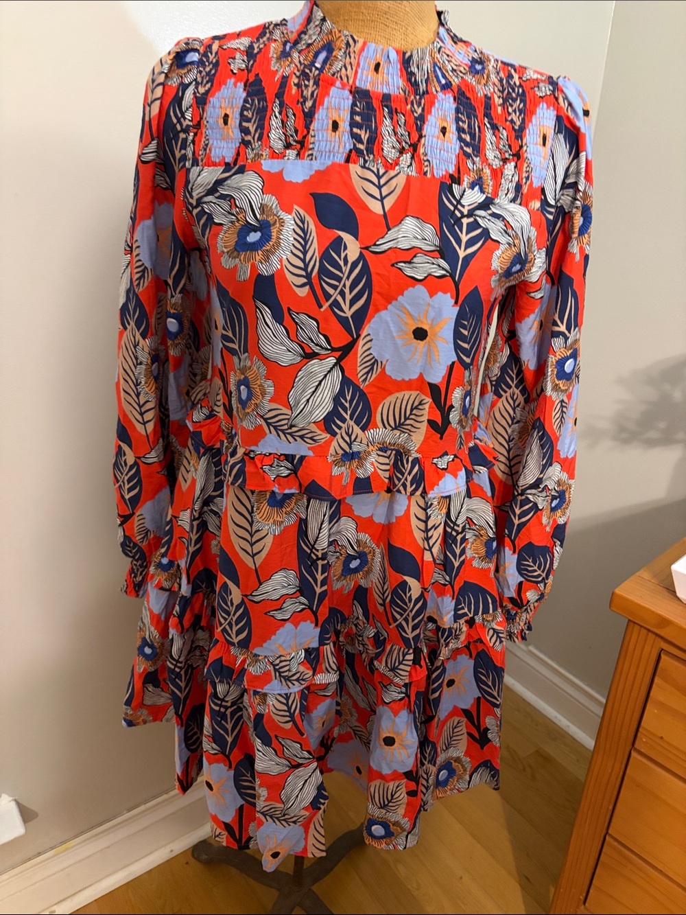 JODIFL Red Floral Long-Sleeve Tiered Dress